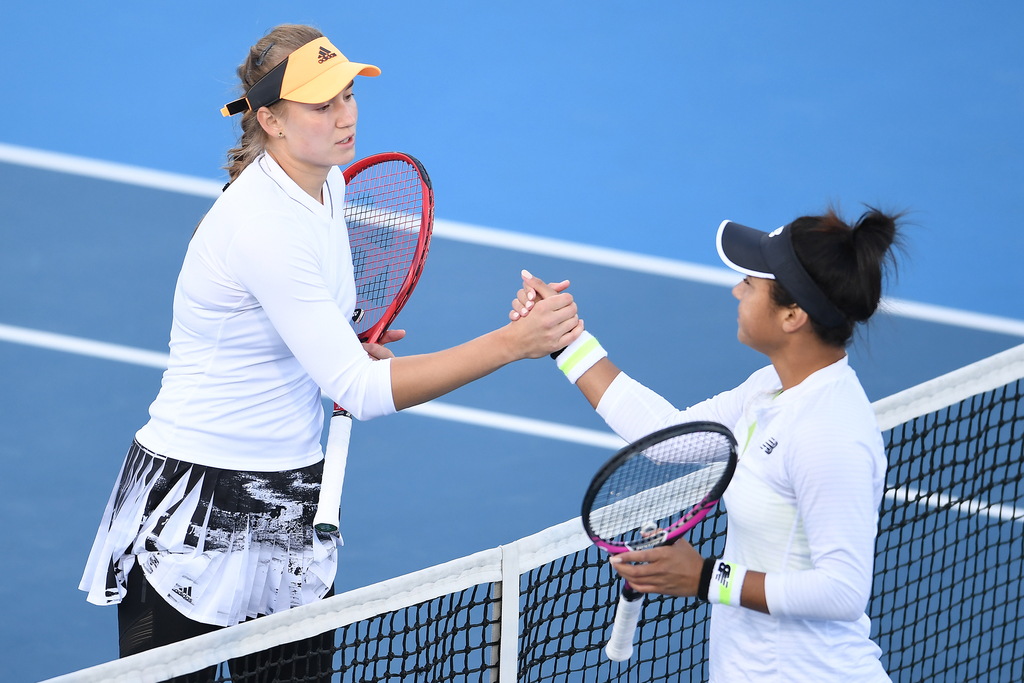 HOBART, AUSTRALIA - JANUARY 17: Elena Rybakina of Kazakhstan shakes hands after wiinning her semi final singles match against Heather Watson of Great Britainduring day seven of the 2020 Hobart International at Domain Tennis Centre on January 17, 2020 in Hobart, Australia. (Photo by Steve Bell/Getty Images)