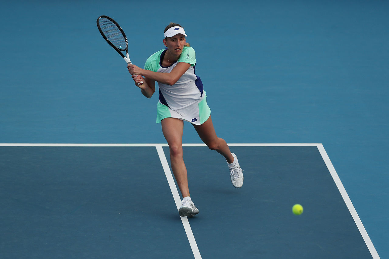 HOBART, AUSTRALIA - JANUARY 14: Elise Mertens of Belgium plays a backhand during her first round singles match against Christina McHale of the United States during day four of the 2020 Hobart International at the Domain Tennis Centre on January 14, 2020 in Hobart, Australia. (Photo by Mark Metcalfe/Getty Images)