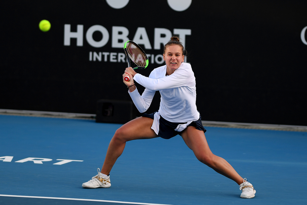 HOBART, AUSTRALIA - JANUARY 13: Veronica Kurdermetova of Russia plays a backhand during her first round match against Samantha Stosur of Australia on day three of the 2020 Hobart International at Domain Tennis Centre on January 13, 2020 in Hobart, Australia. (Photo by Steve Bell/Getty Images)