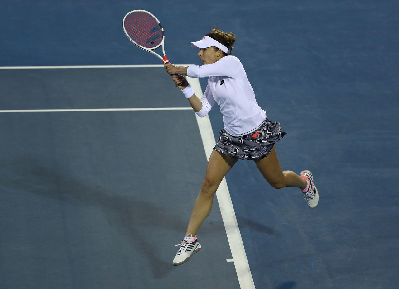 HOBART, AUSTRALIA - JANUARY 09: Alize Cornet of France plays a shot during her match against Pauline Parmentier of France during day five of the 2019 Hobart International at Domain Tennis Centre on January 09, 2019 in Hobart, Australia. (Photo by Robert Cianflone/Getty Images)