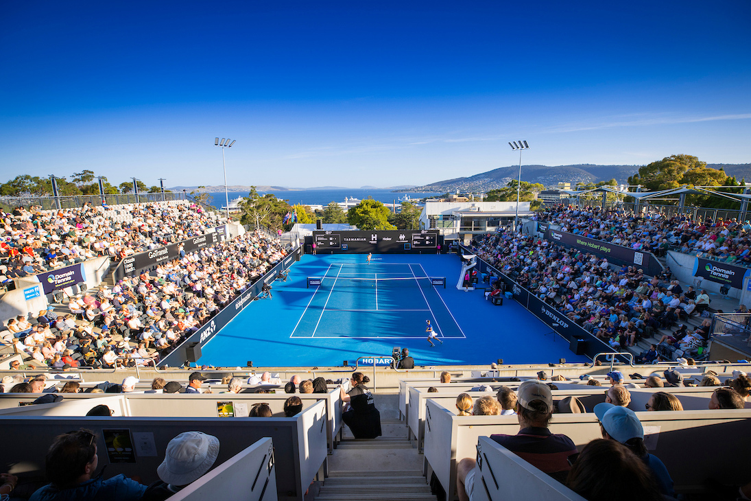 Aerial shot of Women's Singles game at Hobart International at the Domain Tennis Centre